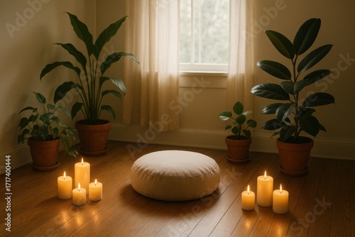 Relaxing meditation space with candles and plants in a serene indoor setting during daylight hours