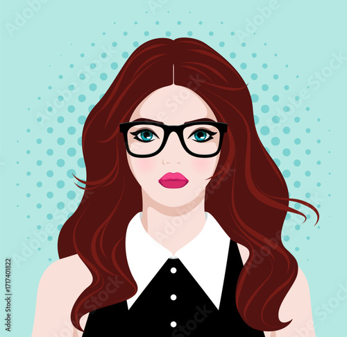 1570_Beautiful young woman with long wavy hair wearing fashionable glasses and black dress with white collar