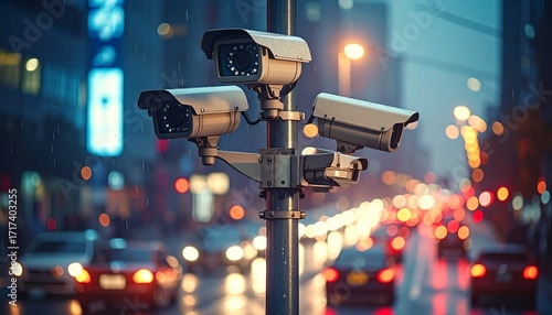 City Watch: Surveillance cameras mounted on a pole, overseeing a bustling city street, capturing a sense of urban vigilance and security.