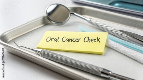 Oral Cancer Screening Tools on Tray with Post-It Note Highlighting Importance of Regular Check-ups for Oral Health Awareness