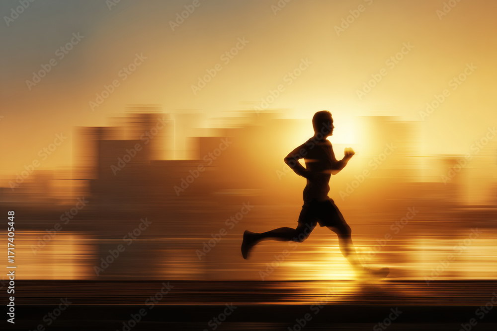 Fototapeta premium Marathon Runner Silhouette at Dawn with Urban Cityscape Background