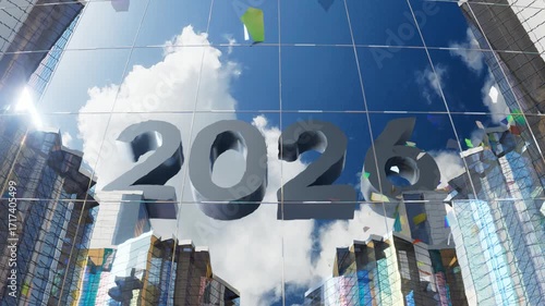 Year 2025 to 2026 Transition on Glass Building Facade