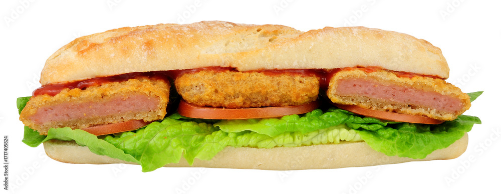 Φωτογραφία Pork spam fritter and salad baguette sandwich isolated on a white background