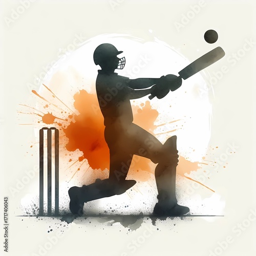 Silhouette of a cricket player batting with ball and wickets on light background
