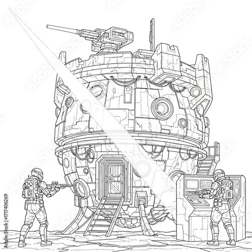 Asteroid Fortress Defense with Soldiers Cyberpunk Grit Coloring Page