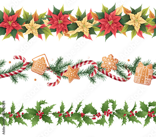 Festive Christmas Seamless Border Set with Red Poinsettia, Holly, Fir Branches, Candy Cane and Gingerbread Cookies. Holiday Frame Collection for Gift Wrap, Textile Design, Scrapbooking and Season
