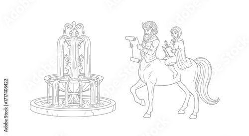 Coloring Page – A centaur reading a scroll beside a crystal fountain
