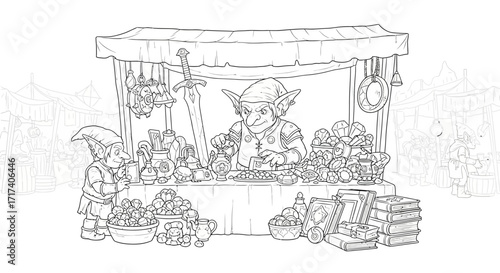 Coloring Page – A bustling goblin marketplace with stalls of colorful treasures