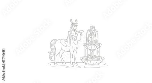 Coloring Page – A centaur reading a scroll beside a crystal fountain