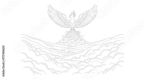 Coloring Page – A phoenix rising from ashes overlooking a valley of silver clouds