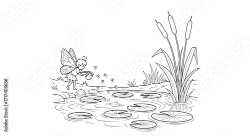 Coloring Page – A sprite gathering fireflies beside a silver pond