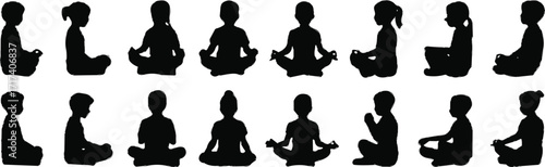 Meditation silhouette vector, diverse people in yoga poses, mindfulness illustration, peaceful sitting posture, spiritual practice, wellness concept, calm lifestyle artwork