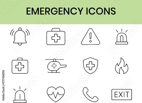 Minimalist Emergency line icons set with editable stroke, featuring danger, warning, caution, emergency response, 911, paramedic, accident, alert, safety, sos, cone, fire. thin linear illustration