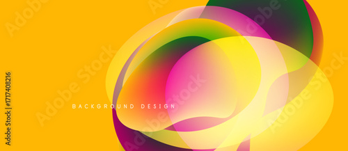 Abstract vibrant layers create dynamic composition. Yellow backdrop emphasizes colorful overlapping shapes, modern design element.