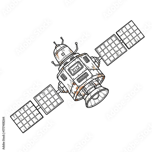 Satellite Rebirth as a Spaceship Retro Futuristic Pencil Sketch