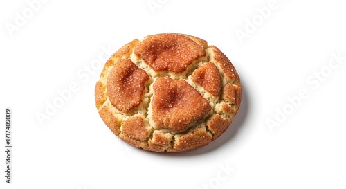 A single, golden-brown snickerdoodle cookie with a cracked, sugary surface, isolated on a white background.