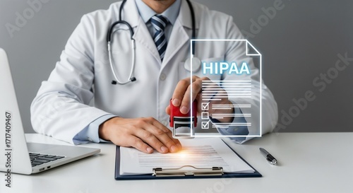 A doctor in a white coat and stethoscope is sitting at a desk and stamping a document. A glowing digital overlay of a HIPAA (Health Insurance Portability and Accountability Act) compliance form is sup