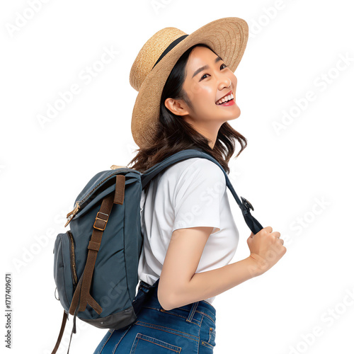 Young attractive Asian woman traveler in casual clothes wearing a straw hat with a backpack on a sunny day png travel fashion lifestyle png outdoor adventure png portrait of a young female traveler