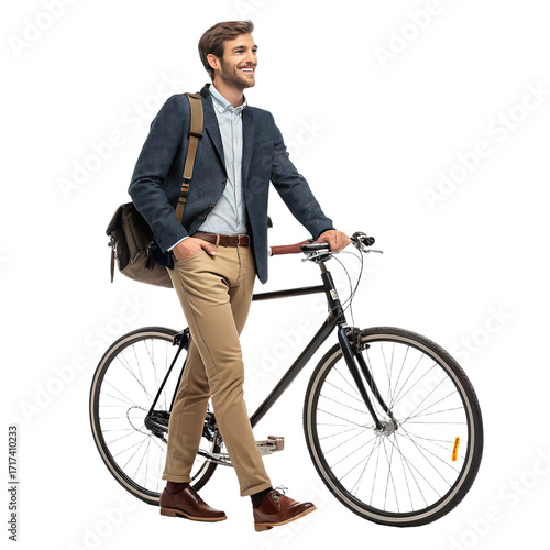 Young handsome man with bike isolated transparent png full-length portrait of smiling cyclist young man png casual wear bicycle png transparent background image