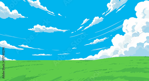 Vast Green Meadow Under a Bright Blue Sky Filled with Fluffy White Clouds and Wispy Streaks