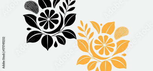 Elegant vector art showcases a split design with black and golden orange citrus floral arrangements and decorative leaf patterns on a clean white backdrop, offering a stylish contrast