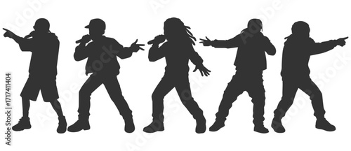 Silhouette illustrations of rappers and singers on stage. Flat vector music stars with unique styles, poses, and choreography. Modern hip-hop and pop culture vibes.