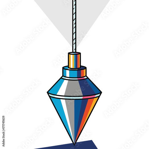 Plumb bob hanging vertically with string and weight over a blue surface.