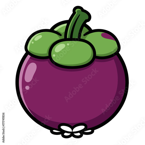 Cartoon illustration of a mangosteen fruit with green stem and purple skin.