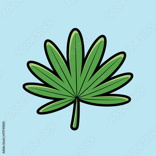 A green cannabis leaf illustration with dark outline on a light blue background.