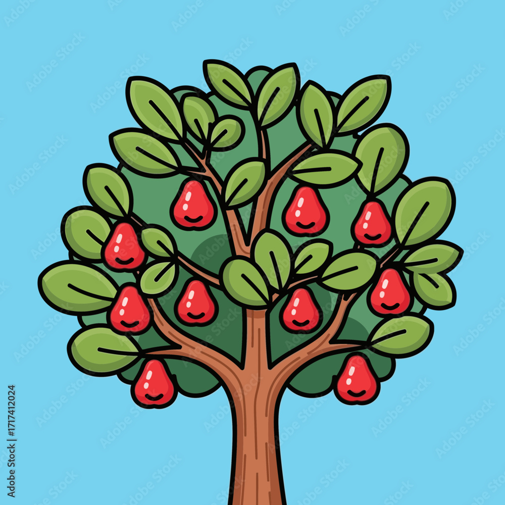 Fototapeta premium Cartoon tree with green leaves and red pears against a blue background.