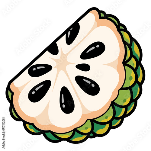 Cut soursop fruit illustration with green skin and black seeds on white.