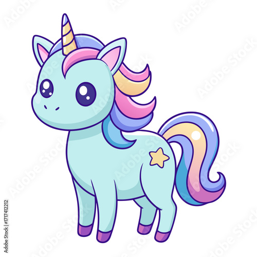 Enchanting pastel unicorn with rainbow mane and tail prancing with joy, perfect for whimsical storytelling and magical fantasy themes.