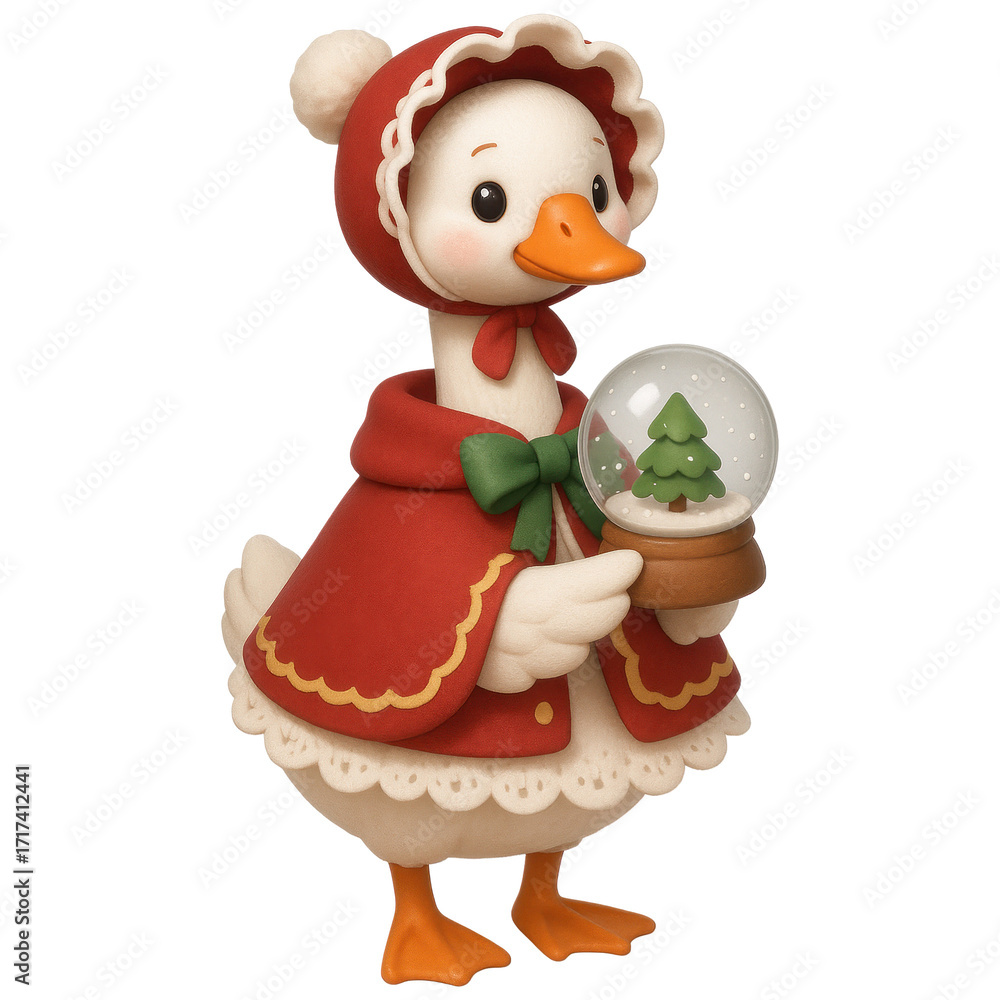 Fototapeta premium Cute Winter Goose Duck Holding Snow Globe with Christmas Tree Decoration