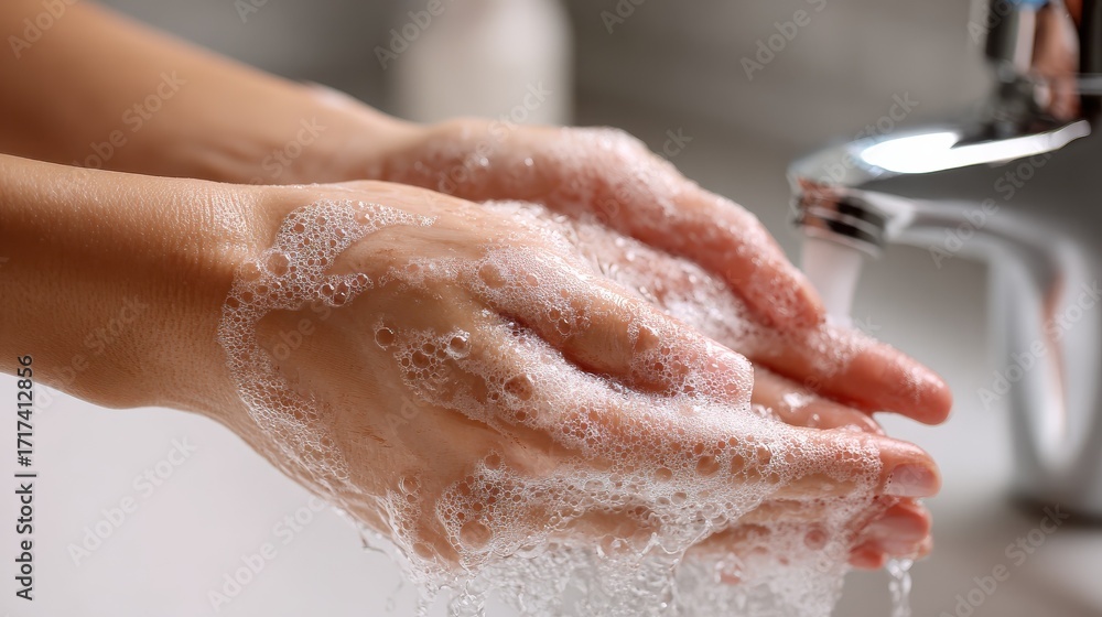 Fototapeta premium young woman washing cleansing soapy hands in bathroom to prevent coronavirus infection cleaning skin care in foamrubbing hands rinsing with running water covid 19 protection concept close up view no 
