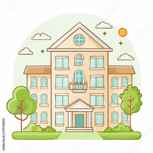 A detailed flat line illustration of a classic university building facade. Vector art of a school, college, or academic campus