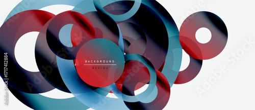 Abstract circles overlap, creating dynamic visual effect. Red, blue hues dominate design, modern aesthetic. Minimalist composition.