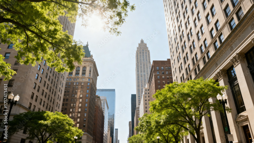 Fototapeta premium Urban cityscape with tall buildings, green trees, and sunlight filtering through leaves on a clear day