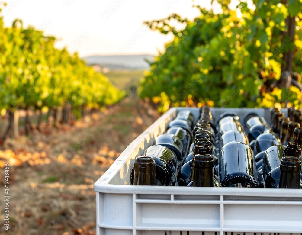 Fototapeta premium Wine Bottles in a Crate in Vineyard.