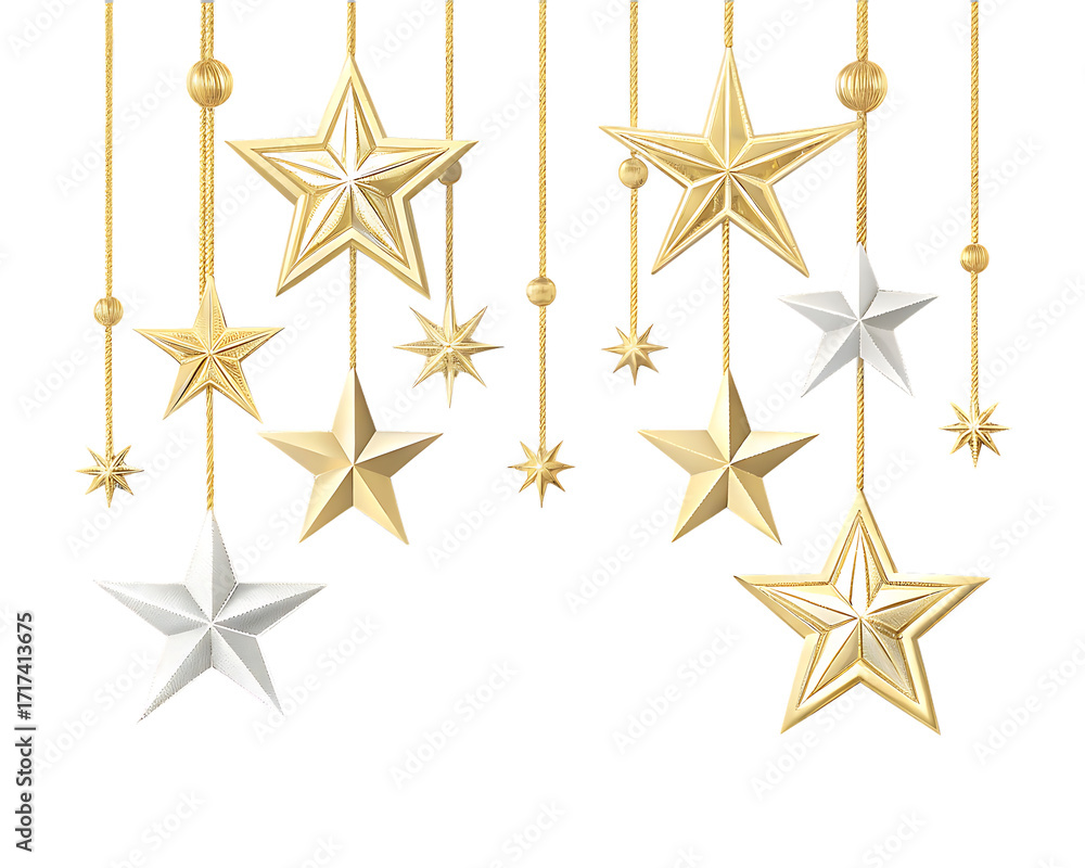 Obraz premium Hanging Gold and Silver Star Ornaments on Background Christmas decoration isolated on a transparent background