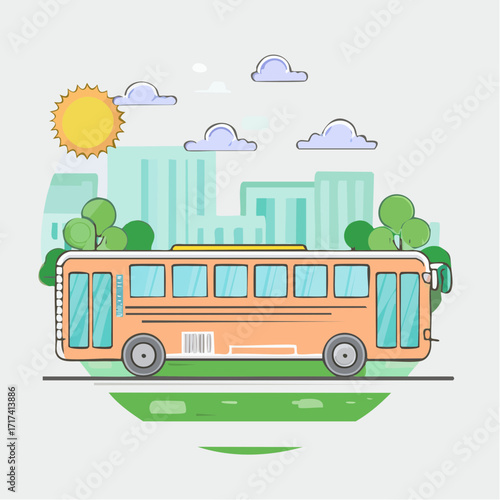 School Bus Illustration with Cityscape, Sun, and Greenery - Transporting Education in a Cartoon Urban Environment