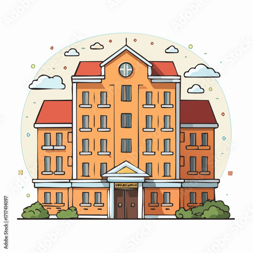 Illustration of a stately orange building with red roof, adorned with clouds and bushes, creating a vibrant, inviting architectural design for educational or governmental purposes