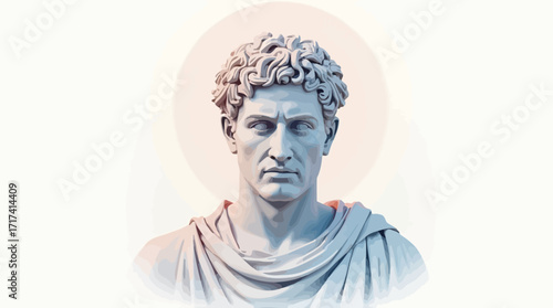Classical White Marble Bust of Male Statue with Curly Hair and Draped Clothing