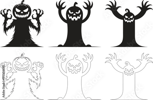 Pumpkin Monster Silhouette Vector Set – Scary Jack O’Lantern Halloween Illustration