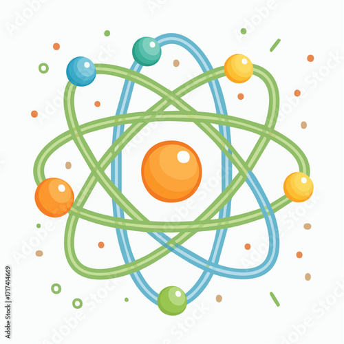 Abstract representation of atomic structure with electrons orbiting a nucleus, symbolizing science, education, and discovery in a clean, modern style