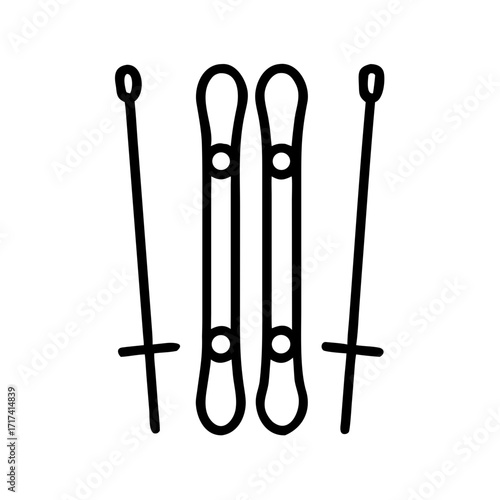 Ski equipment and poles in minimalist black line art style  