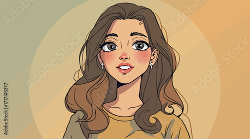 Cartoon Woman with Brown Hair Wearing Beige Top Smiling in Bright Background