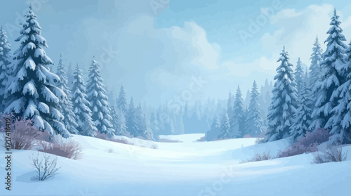 Snowy Winter Forest Landscape with Pine Trees and Blue Sky