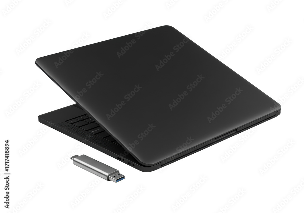 Fototapeta premium Sleek matte black laptop open 120 degrees with blank screen, alongside chrome USB-C flash drive on a transparent studio background, elevated 45-degree macro shot, technological sophistication concept