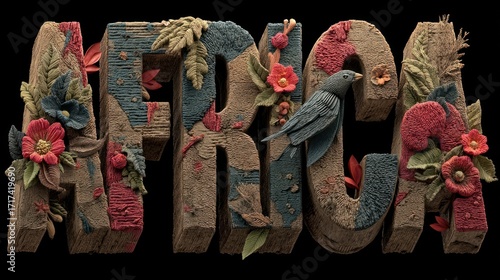Beautiful artwork showcasing the word Africa adorned with vibrant flowers and a bird