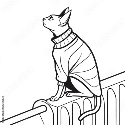 Cat wearing sweater sitting on radiator and looking out  